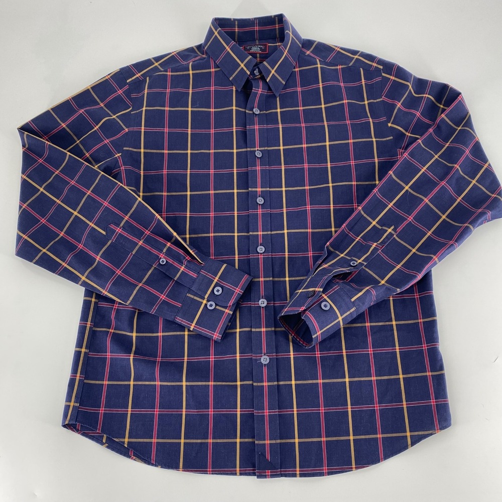 UNTUCKit Mens‎ Small Wrinkle Free Navy Blue Plaid Button Down Shirt Long Sleeve